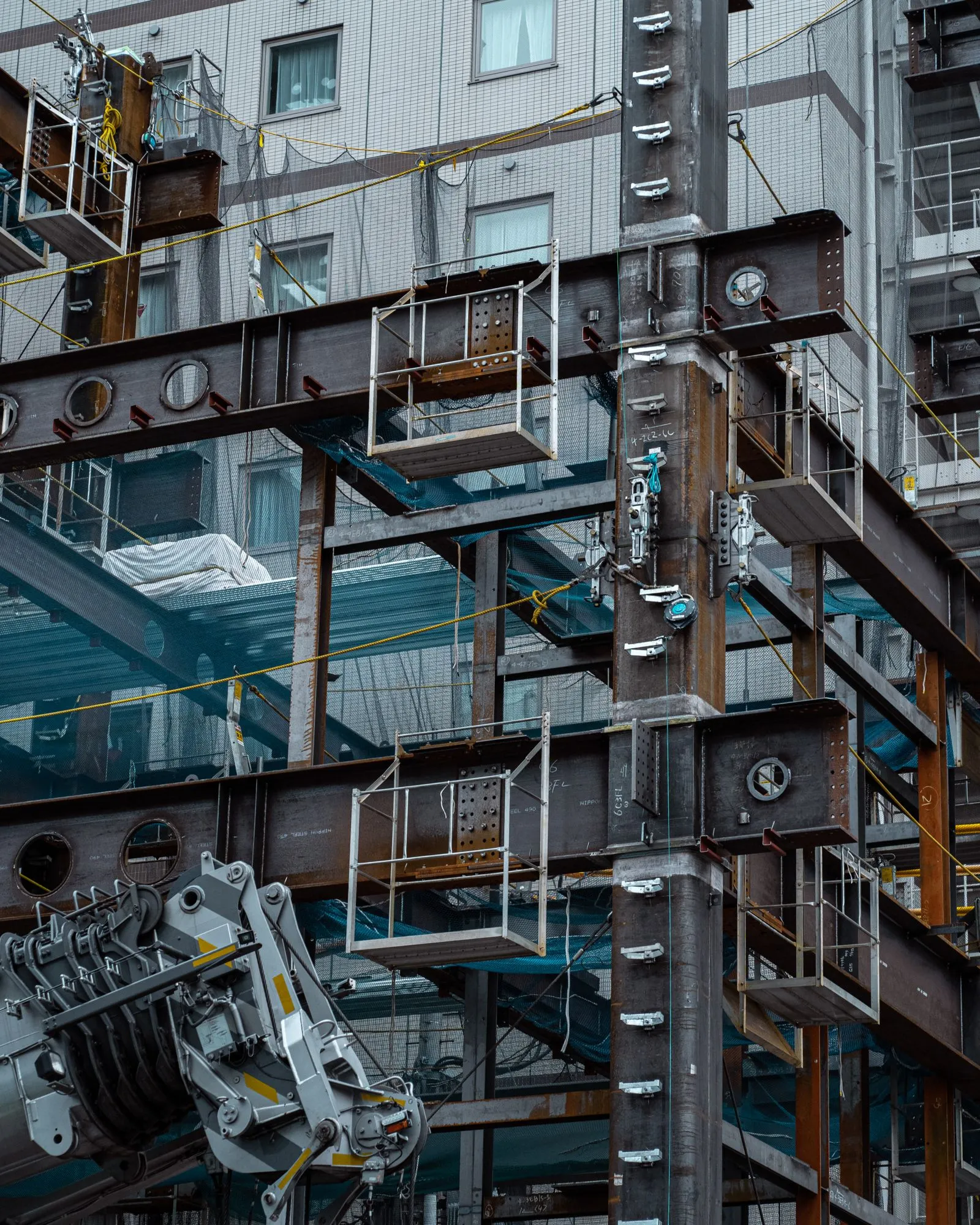 Steel beams and columns of a building frame under construction